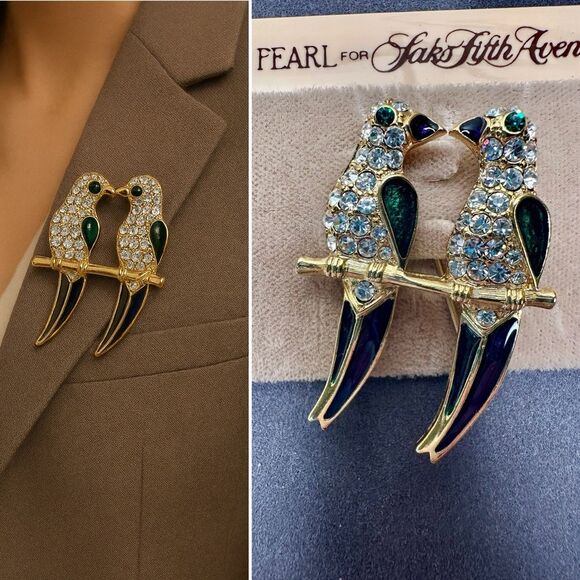 Vtg Erwin Pearl Parrot Brooch for Saks Fifth Ave Rhinestone Enamel Lovebirds Pin - Picture 8 of 8